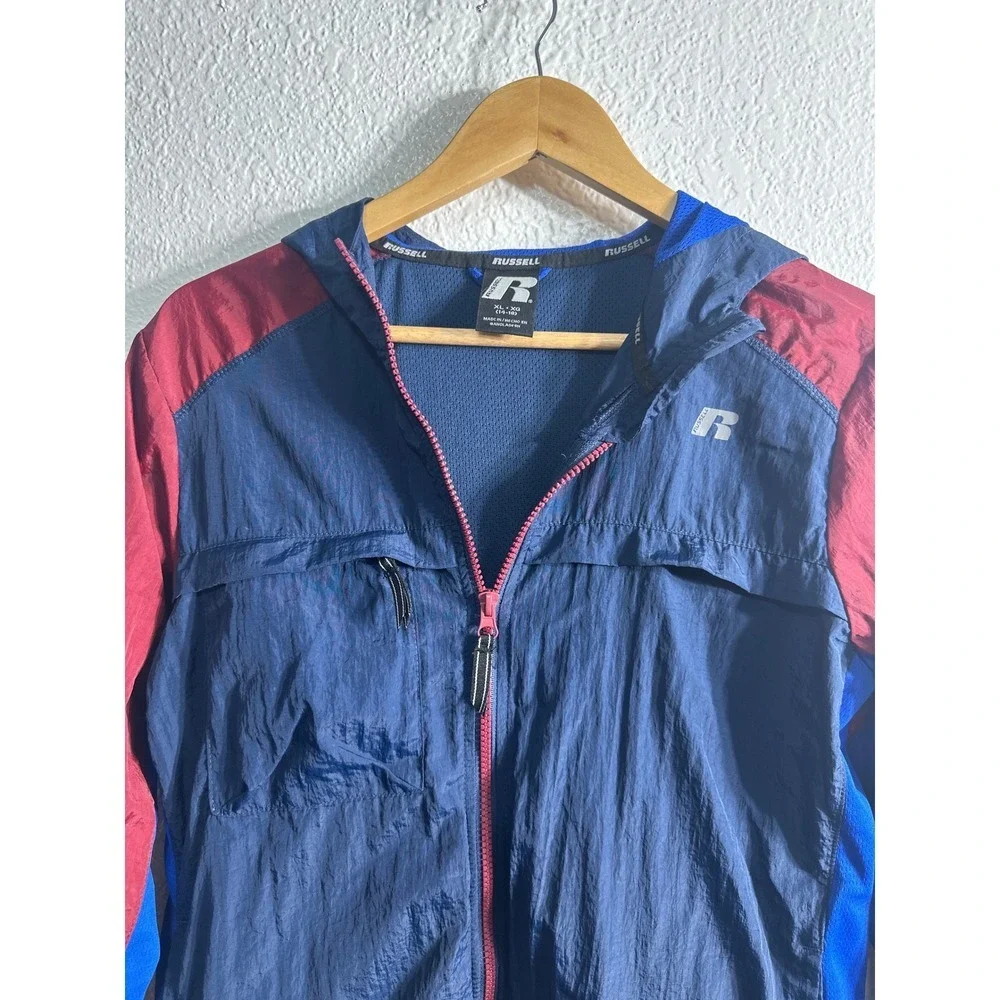 Russell Boys XL 14-16 Windbreaker Jacket Navy Blue Burgundy Zip Hooded